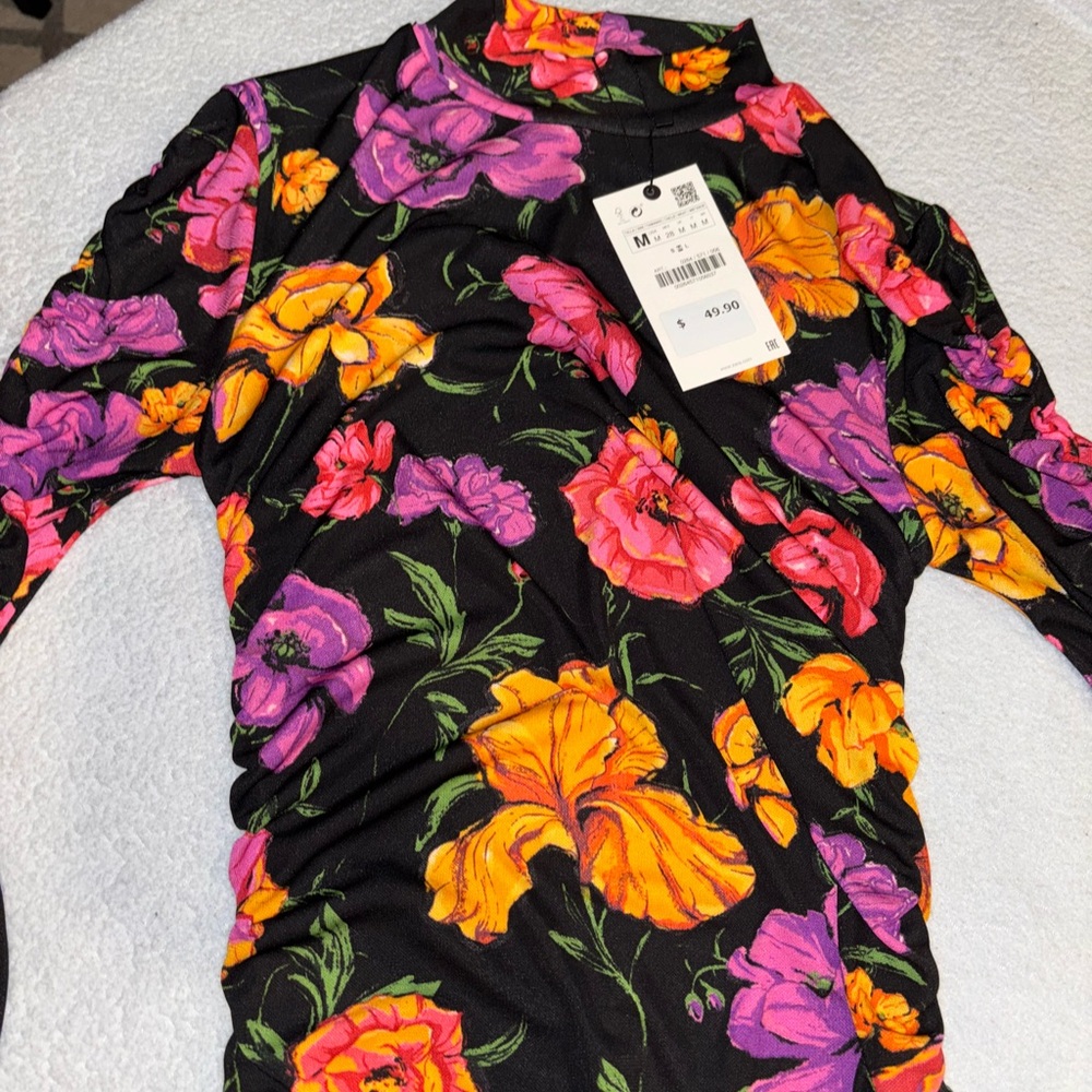 Zara Black Midi Dress with Vibrant Floral Design